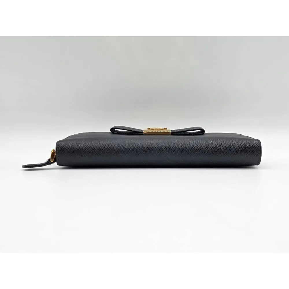Prada Saffiano Fiocco Bow Zip Around Wallet Black Leather Gold Logo Italy